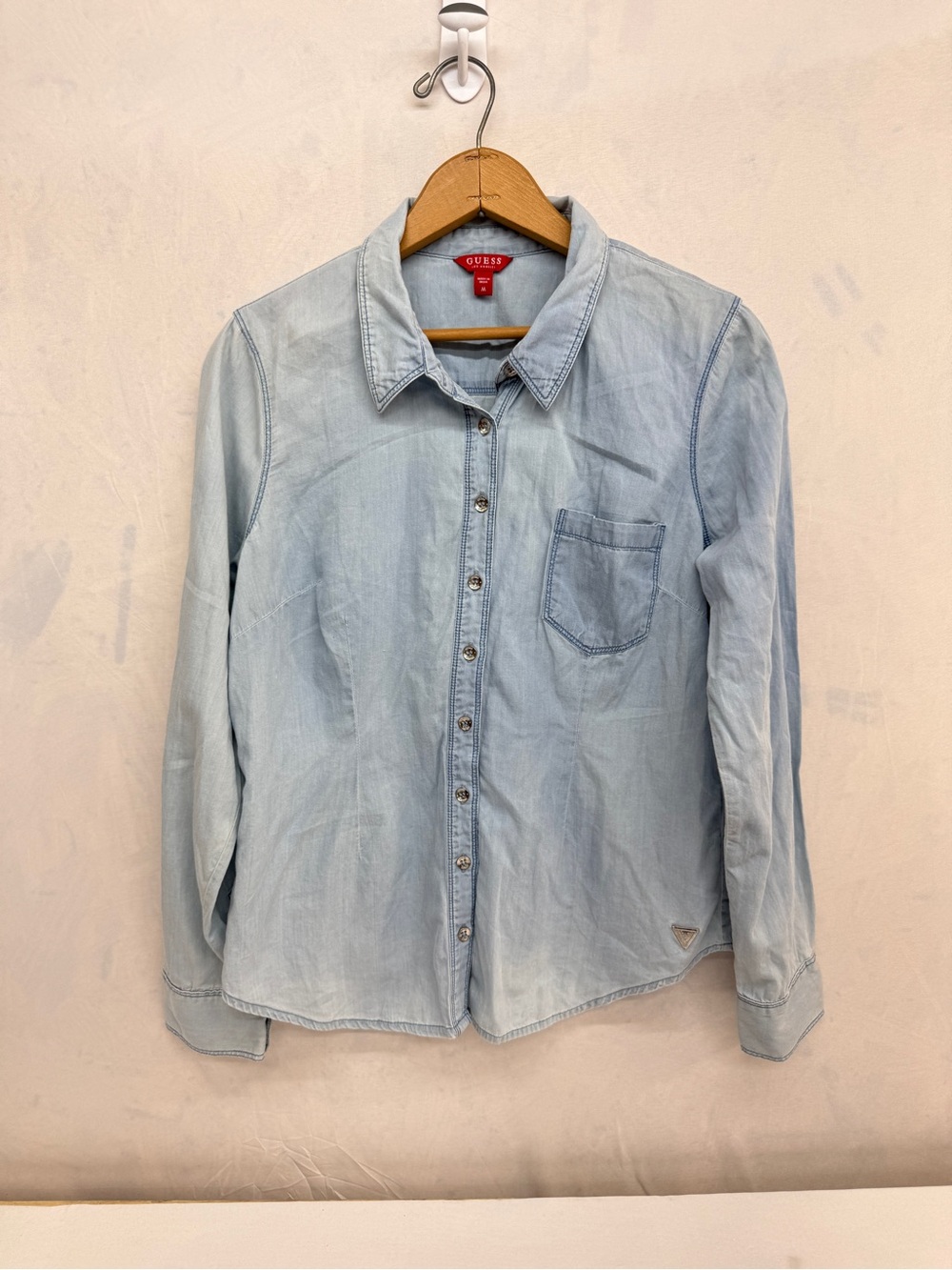 Guess Light Wash Denim Button-Up Shirt - Pale Blue
